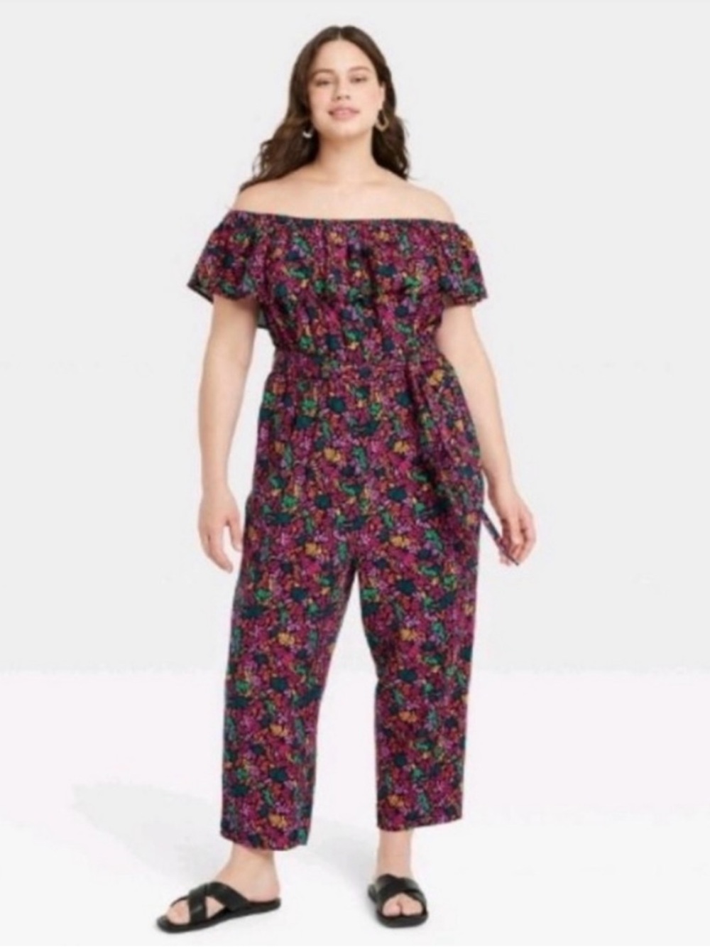 Ava Viv Women Jumpsuit 2X Plus On Off Shoulder Sash Ruffle Pink Floral Pockets